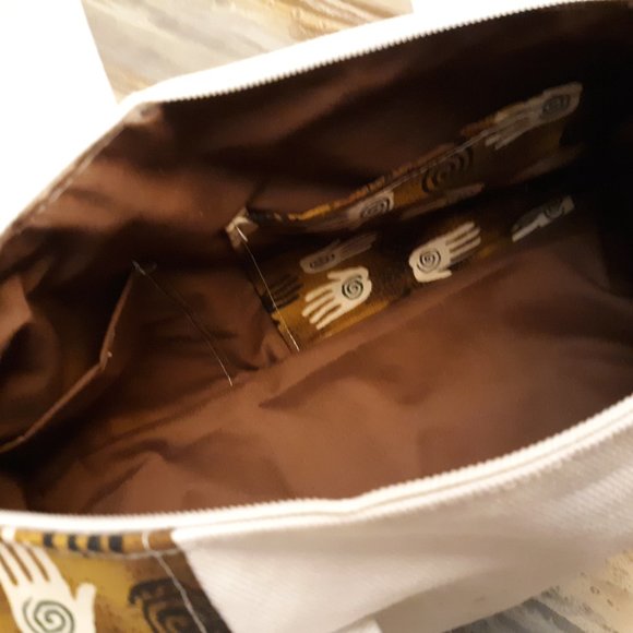 Hamsa Hands Boho vibe Purse Double handle Brown Pink print Ivory denim 12x8x5" - Picture 7 of 8